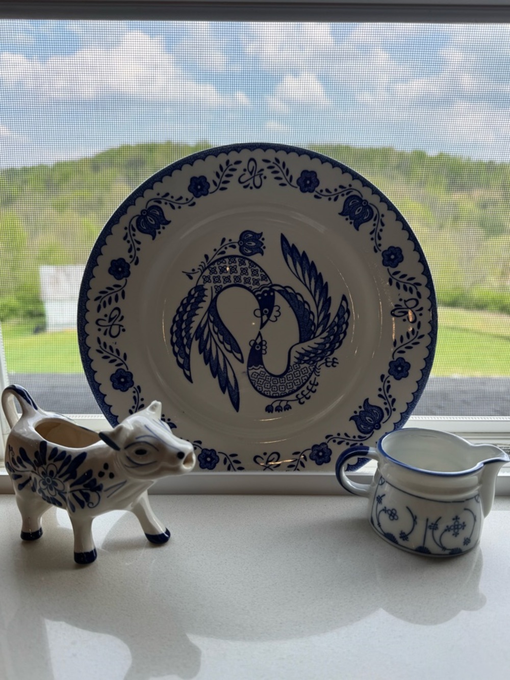 Blue and White Decorative Ceramic Plate and Creamer Set
